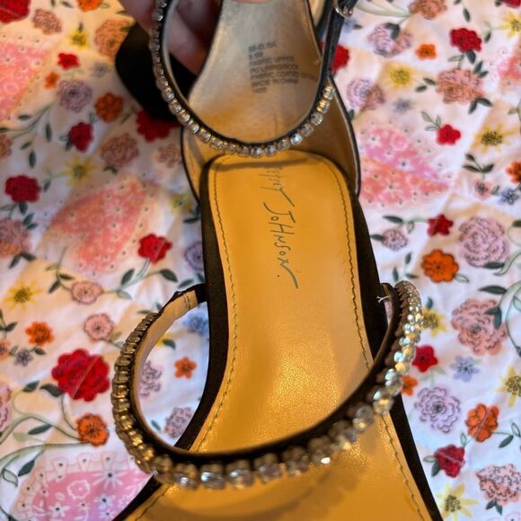 Elisa Black Satin Rhinestone Ankle Strap Heels - Picture 7 of 8